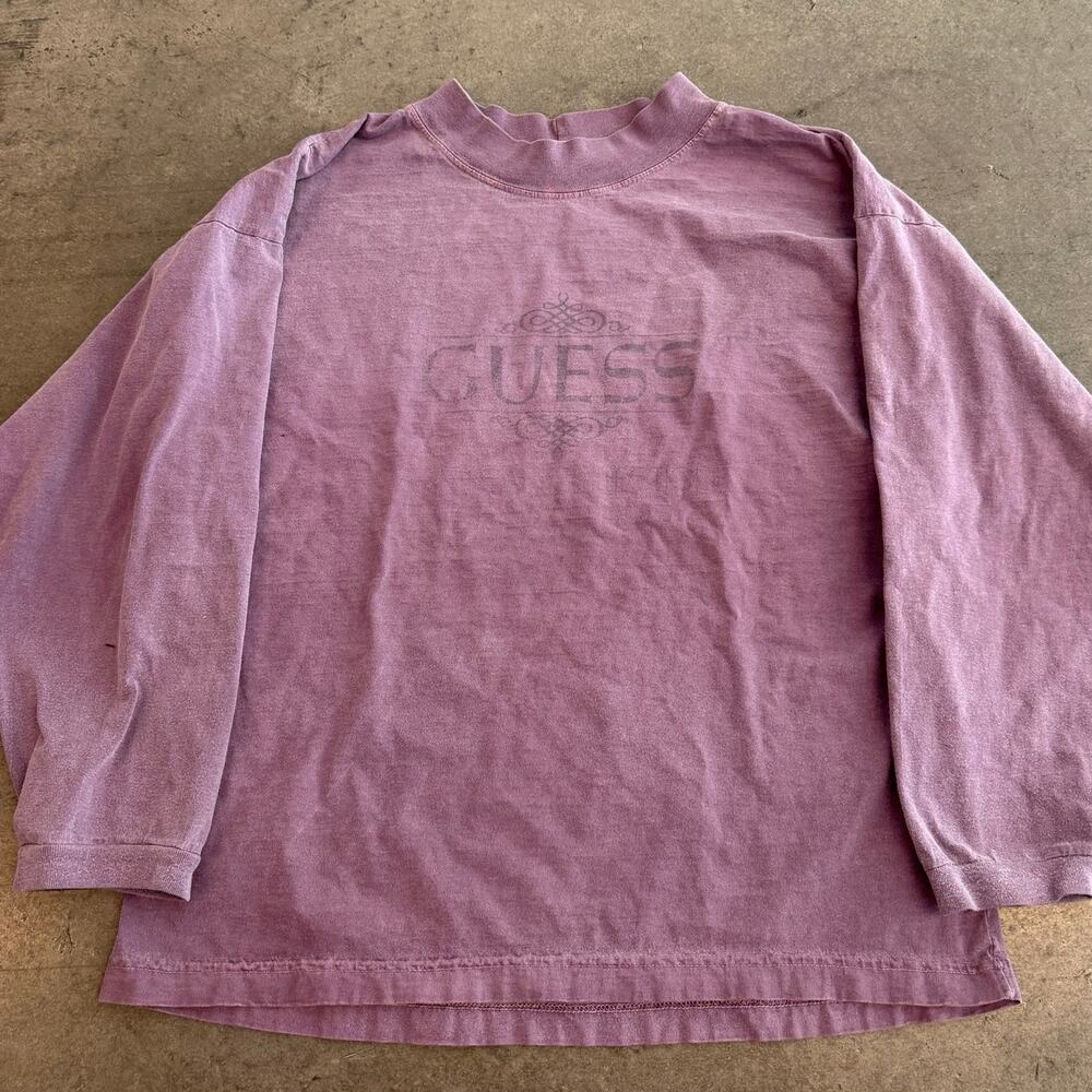 Vintage Y2k 90's Guess Spellout Faded Mock Neck Longsleeve Purple Tee One Size